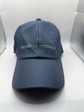 Brunello Cucinelli Navy Baseball Cap with Cream Interior and Red Trim